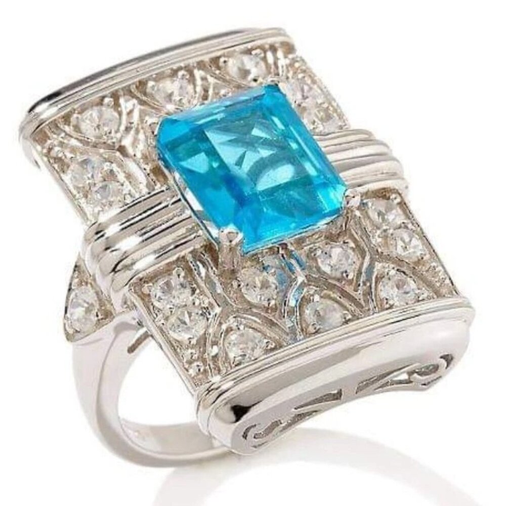 Vivid Blue Quartz Art Deco Sterling Silver & White Zircon Ring